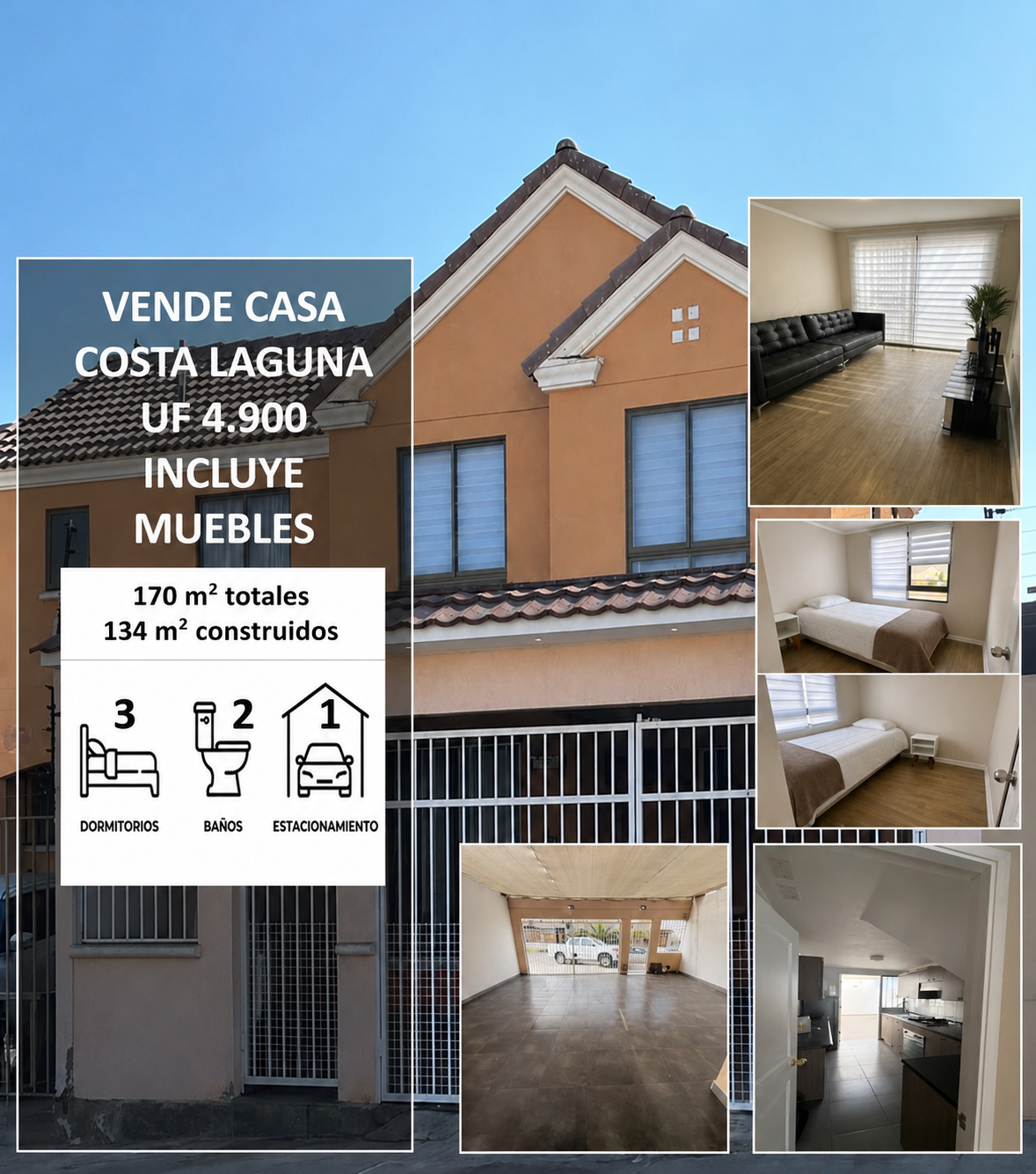 Casa en Venta Costa Laguna | 3D 2B | 170 m² Terreno | 134 m² Construidos | Amoblada | 4.900 UF | Antofagasta