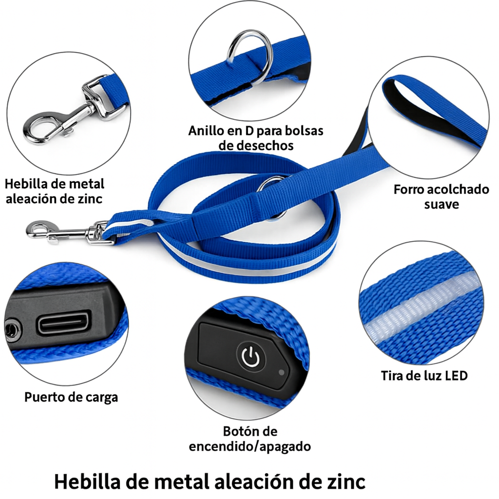 🐾🐶 Correa LED recargable para mascotas – 🔴 Rojo, 🔵 Azul, 🟢 Verde – Seguridad nocturna 🐶🐾